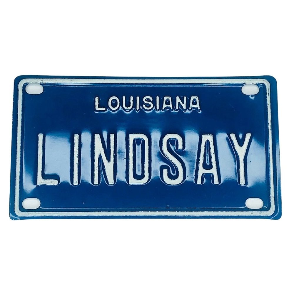 Miniature LINDSAY Louisiana Embossed License Plate Blue Metal Novelty Bicycle 4"